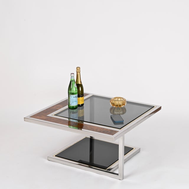 Coffee Table in Chrome, Brass, Burl Wood, and Smoked Glass, Italy, 1970s For Sale - Image 10 of 16