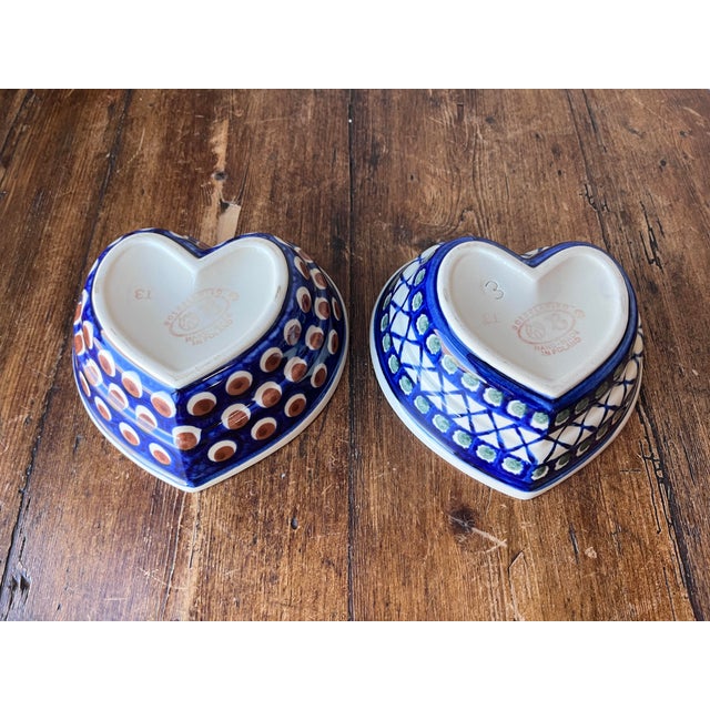 Polish Pottery Boleslawiec Set of 2 Heart-shaped Bowls - 7" width, 6" depth and 2.25" height No chips nor cracks. Some...