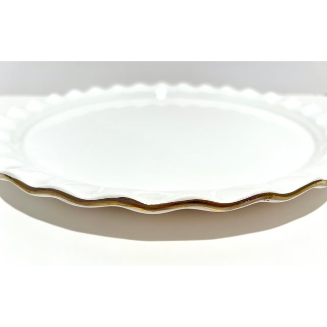 1980s Vintage Portuguese Ceramic Cake Dome & Plate – Gift Box Bow Lid – White W/ Gold Trim For Sale - Image 5 of 11