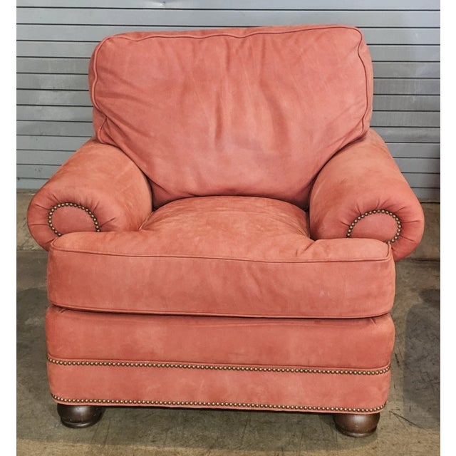 Traditional Late 20th Century Pair Hancock & Moore Red Suede Leather Armchairs Club Chairs Nailhead Trim For Sale - Image 3 of 11