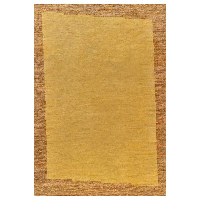Mid-Century Scandinavian Abstract Yellow With Brown Flatweave Rug For Sale