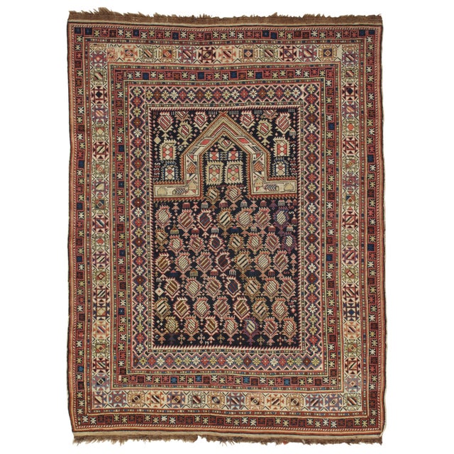 Textile Navy Ground Antique Marasali Shirvan Prayer Rug, Hand Knotted, Wool Oriental Rug For Sale - Image 7 of 18