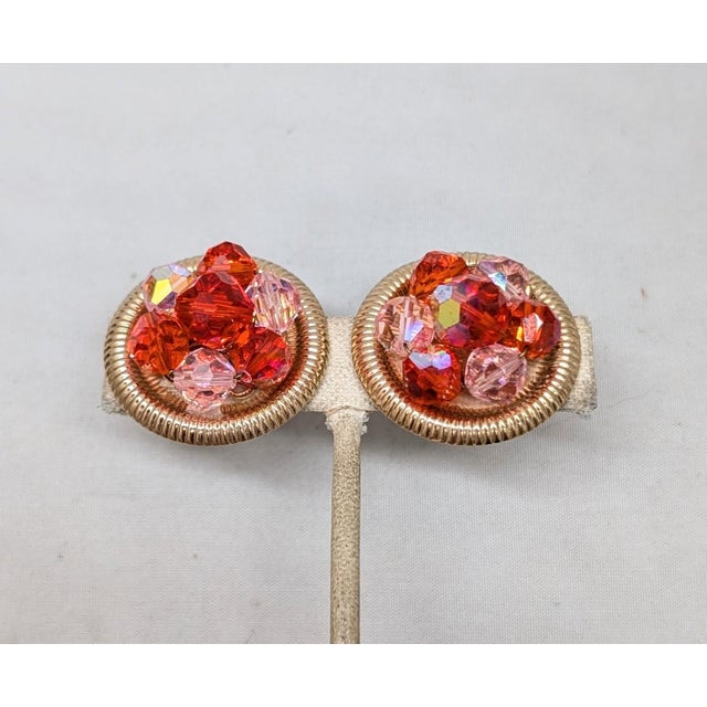 Napier Vintage Signed Napier Round Goldtone Red & Pink Beaded Clip Earrings-2 Pieces For Sale - Image 4 of 7