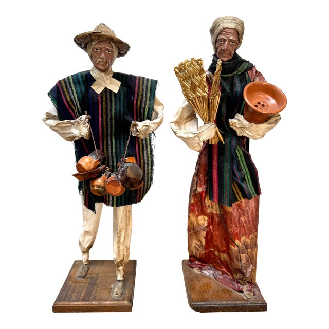 Pair of Vintage Mexican Folk Art Figures – Handcrafted Papier-Mâché & Textile Farmers For Sale