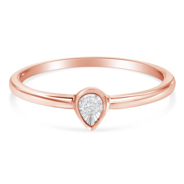 Contemporary 14K Rose Gold Plated .925 Sterling Silver 1/20 Carat Diamond Teardrop Pear-Shaped Miracle Set Petite Fashion Ring (J-K Color, I1-I2 Clarity) - Size 7 For Sale - Image 3 of 6