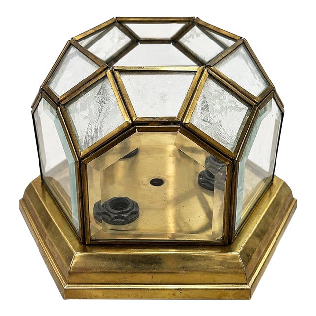 Vintage Octagonal Brass Beveled Glass Ceiling Light Flush Mount For Sale
