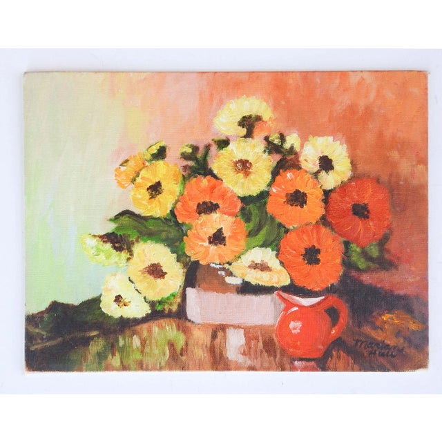 Traditional Mid Century Floral Still Life Painting in Orange & Yellow For Sale - Image 3 of 3