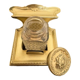 Vintage Brass Inkwell With Glass Tank For Sale