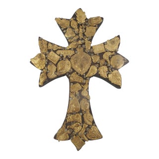 Mexican Folk Art Milagros Wooden Cross Nailed Metal Brass Charms Wall Hanging For Sale