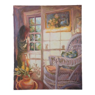 Mid 20th Century Nancy Fisher Looking Out Window Still Life Oil Painting on Canvas For Sale
