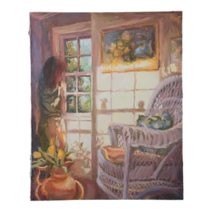 Mid 20th Century Nancy Fisher Looking Out Window Still Life Oil Painting on Canvas