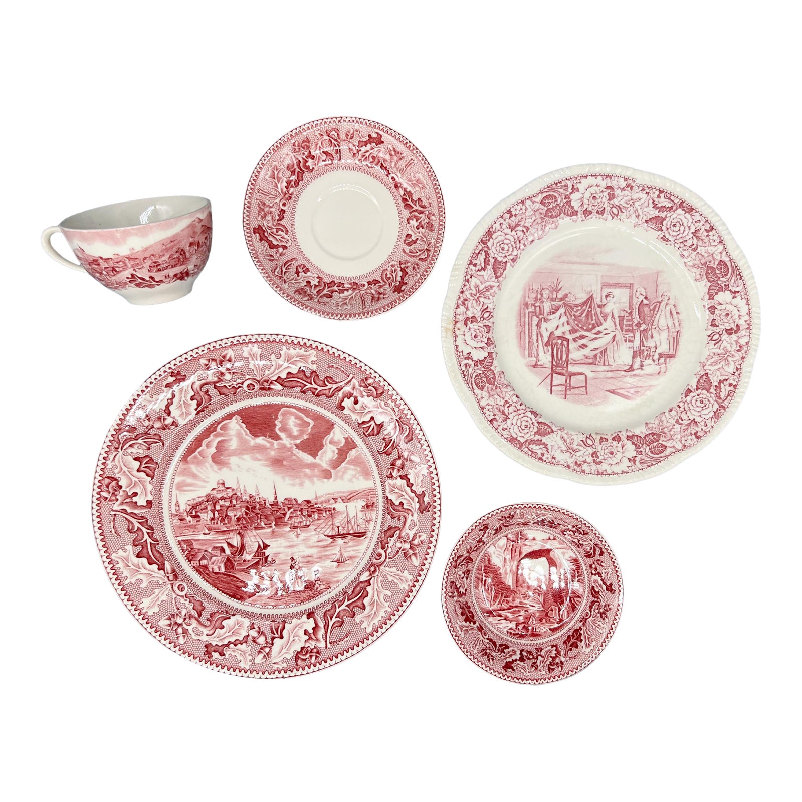 Vintage English and Usa Pink Transferware Dish Set of 5 | Chairish