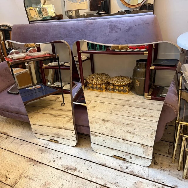 Two 1950s Gio Ponti Style Mid-Century Modern Wood and Brass Wall Mirrors For Sale - Image 16 of 18