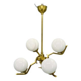 Adjustable Art Deco Brass Chandelier with Milk Glass, 1930s For Sale