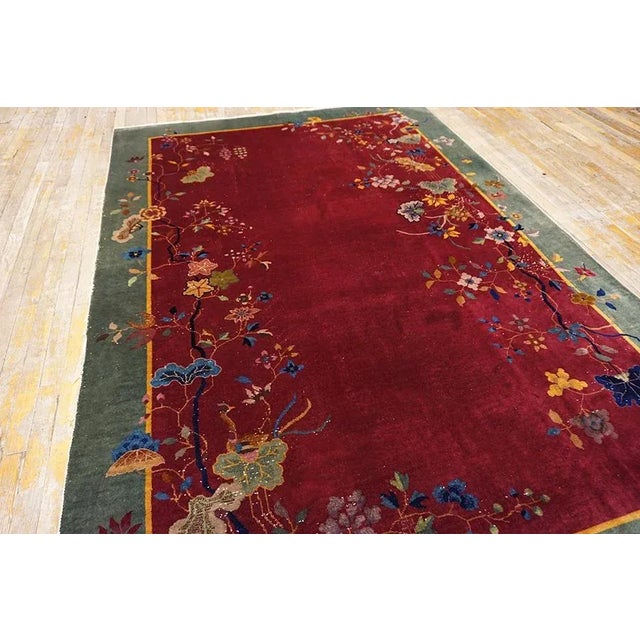 1920s 1920s Raspberry Red Floral Antique Chinese Art Deco Carpet 6' X 8'8'' Knotted Wool Rug For Sale - Image 5 of 13