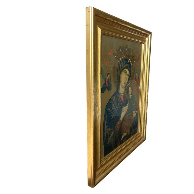 Early 20th Century Decorative Gilded Framed With Lithographic Gold Print of the Our Lady of Perpetual Help Icon For Sale - Image 4 of 12