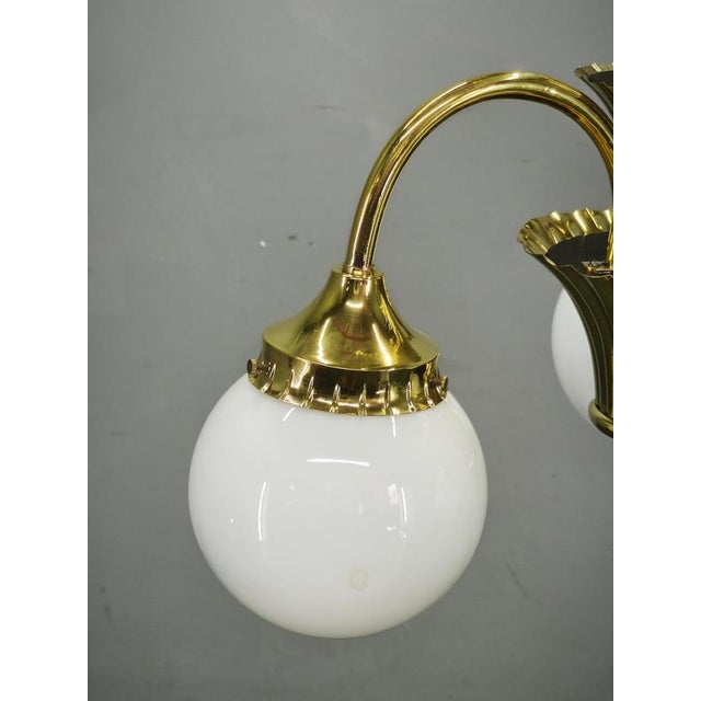 Czechoslovak Art Deco Brass and Opaline Glass Chandelier, 1930s For Sale - Image 6 of 15