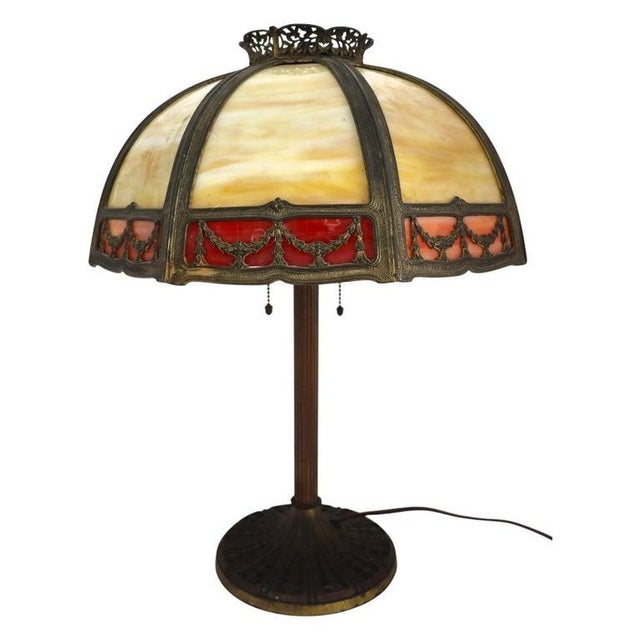 1920s Bradley & Hubbard 8-Panel 2-Tone Arts & Crafts Slag Glass Lamp Table C1920 For Sale - Image 5 of 11
