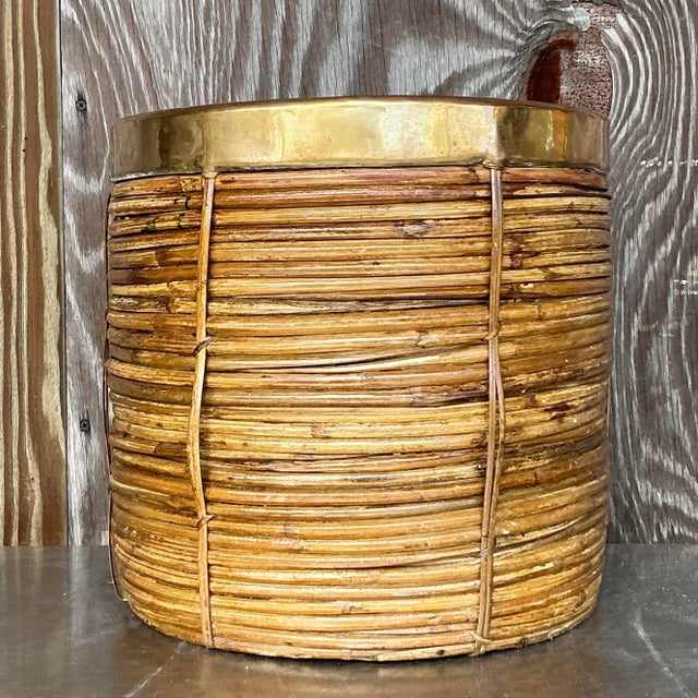 Wood Vintage Coastal Brass and Reed Planter For Sale - Image 7 of 7