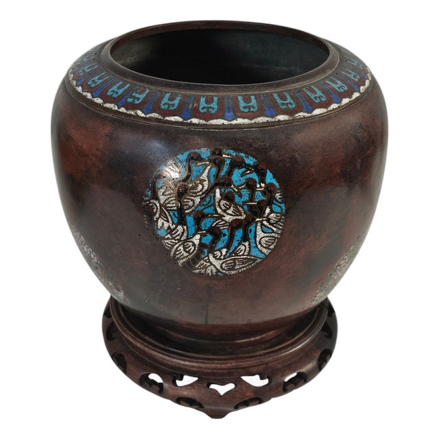 Late Meiji Japanese Patinated Champlevé Jardinière With Crane & Turtle Motifs 9.75" For Sale