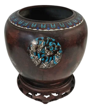 Late Meiji Japanese Patinated Champlevé Jardinière With Crane & Turtle Motifs 9.75"