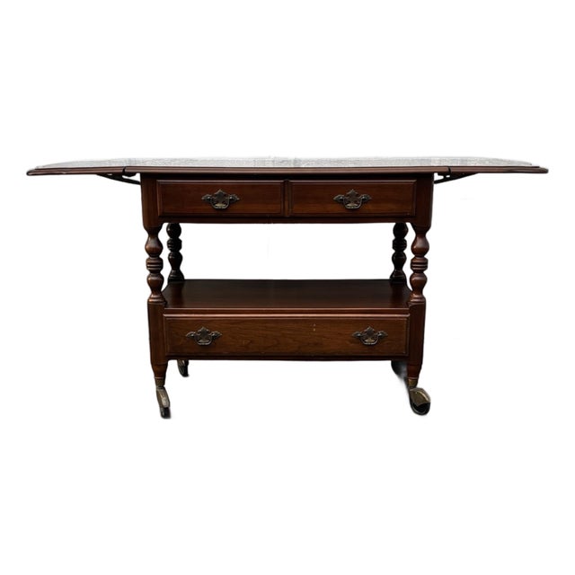 Vintage Ethan Allen Drop Leaf Serving Cart |Console Table Rolling Bar Cart | Colonial Revival Maple Sofa Table With Storage Drawer For Sale