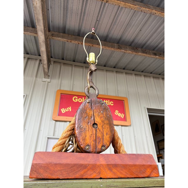 Wood Vintage Marine Pulley Block Lamp For Sale - Image 7 of 9