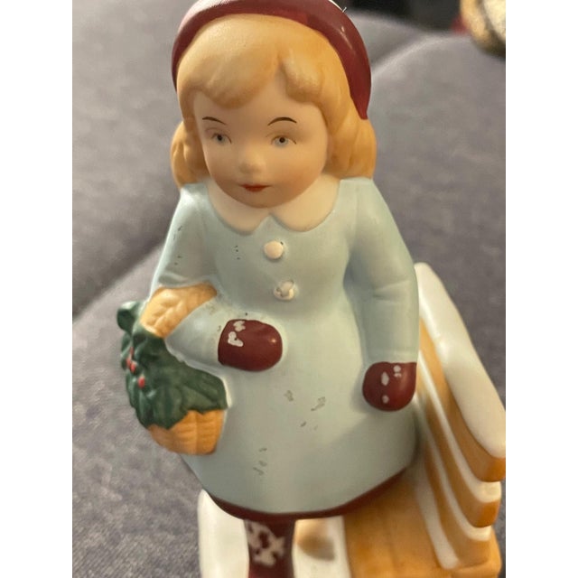 1980s Vintage 1983 Holiday Cheer Girl on Bench Porcelain Figurine For Sale - Image 5 of 5
