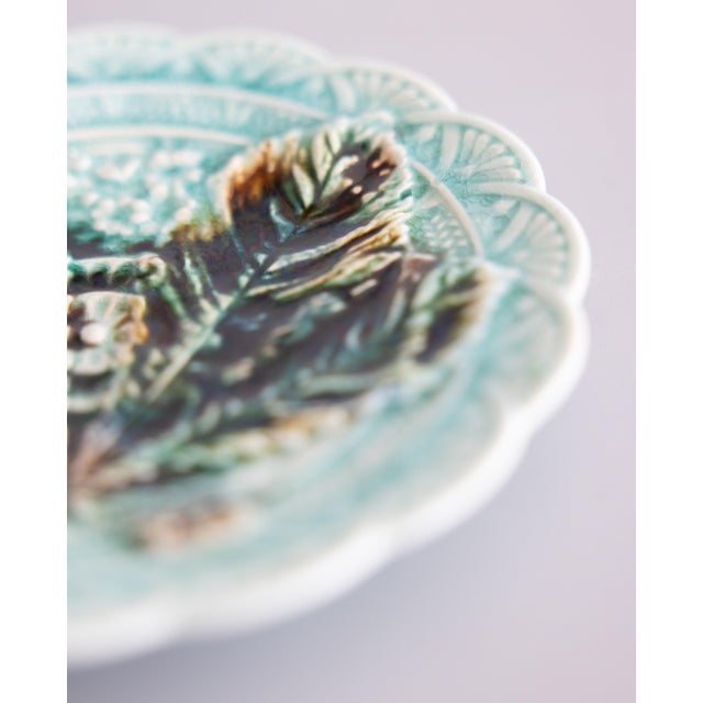 19th Century Swedish Rörstrand Majolica Turquoise Chestnut Leaf Plate For Sale - Image 4 of 8