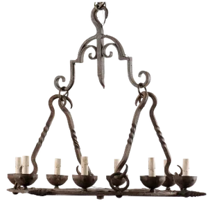 French Mid-Century Eight-Light Forged Iron Chandelier With Hooks and Scrolls
