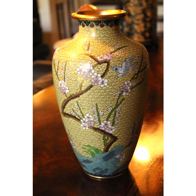 VTG Large Chinese Cloisonne Enamel Baluster Vase Yellow Cloud Scroll Ground, 12” For Sale In Dallas - Image 6 of 7