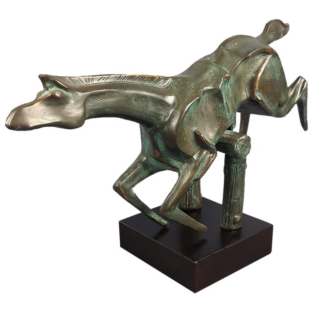 Brass Sculpture of Horse Jumping Over Wooden Base, 1980s For Sale