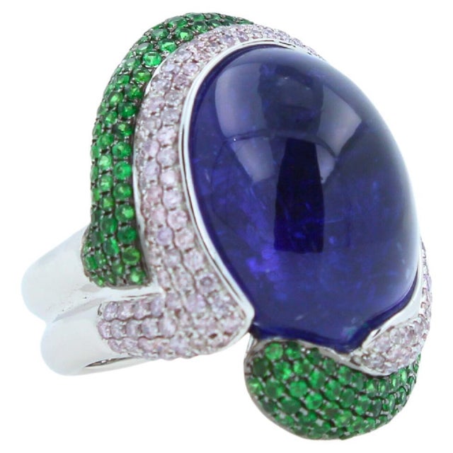 Gemstone Blue Tanzanite Oval Cabochon Diamonds Tsavorites Pave 18k White Gold Unique Ring, Size 7 For Sale - Image 7 of 18