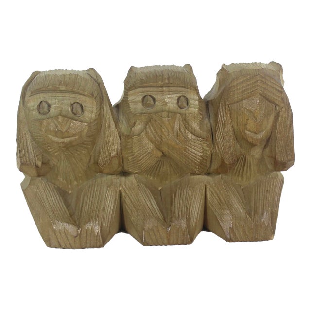 Vintage Carved Wood Three Wise Monkeys, Figurine, See No Evil Speak No Evil Hear No Evil Small Monkey For Sale