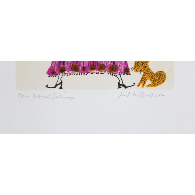 With two birds on her hat and another in her hand, the woman wearing the striped purple dress with flowery details along...