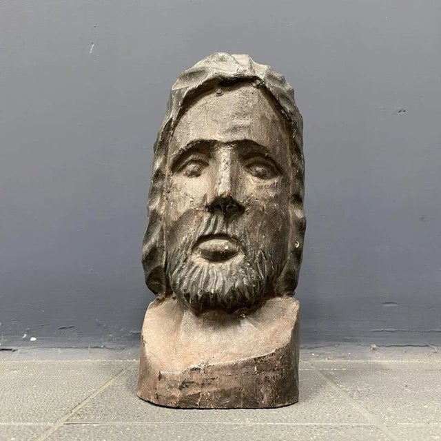 Folk art carved wooden head from France, probably 19th century. Beautiful naive sliced ​​with weathered old paint. Perfect...