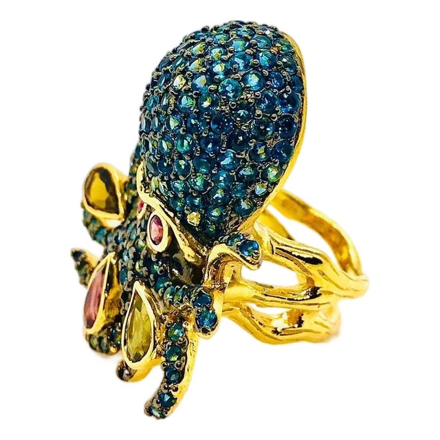 Bochic "Orient" Vintage Natural Blue Topaz & Tourmaline Ring Set 18K & Silver For Sale