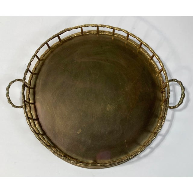 Vintage Round Brass Faux Bamboo Rail Gallery Tray For Sale - Image 4 of 5