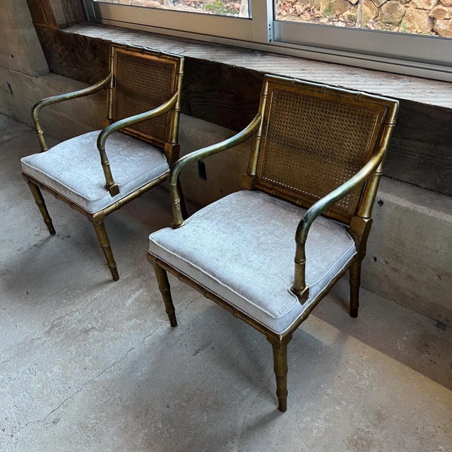 Mid-Century Modern 1960s Elegant Faux Bamboo Gold Leaf Cane Armchairs For Sale - Image 3 of 12