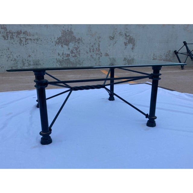 1980s 1980s Mid-Century Modern Square Wrought Iron Base Beveled Glass Top Coffee Table For Sale - Image 5 of 13