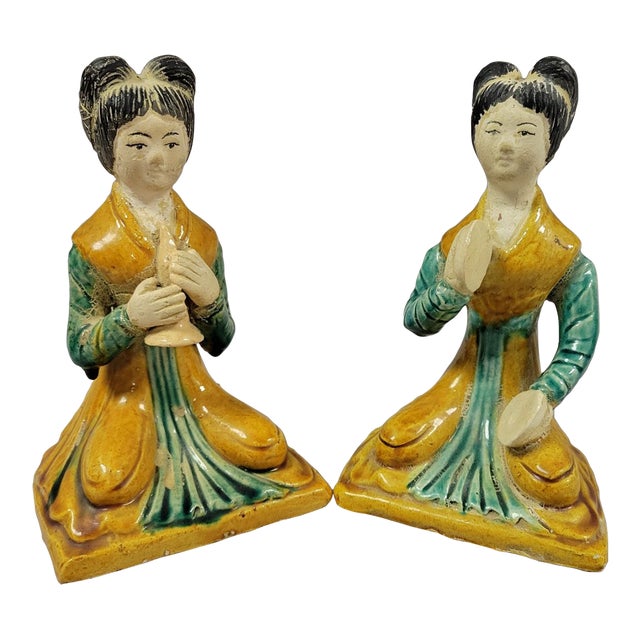 Vintage Chinese Glazed Pottery Seated Female Musicians Figurines Statues For Sale