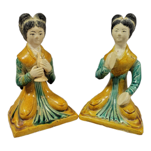 Vintage Chinese Glazed Pottery Seated Female Musicians Figurines Statues