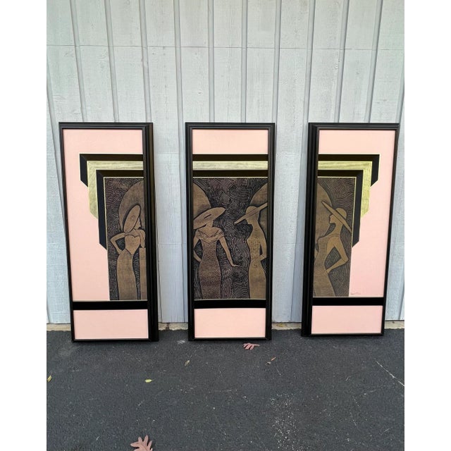 Signed Vintage Kinder Harris Art Deco Style Female Figurative Triptych