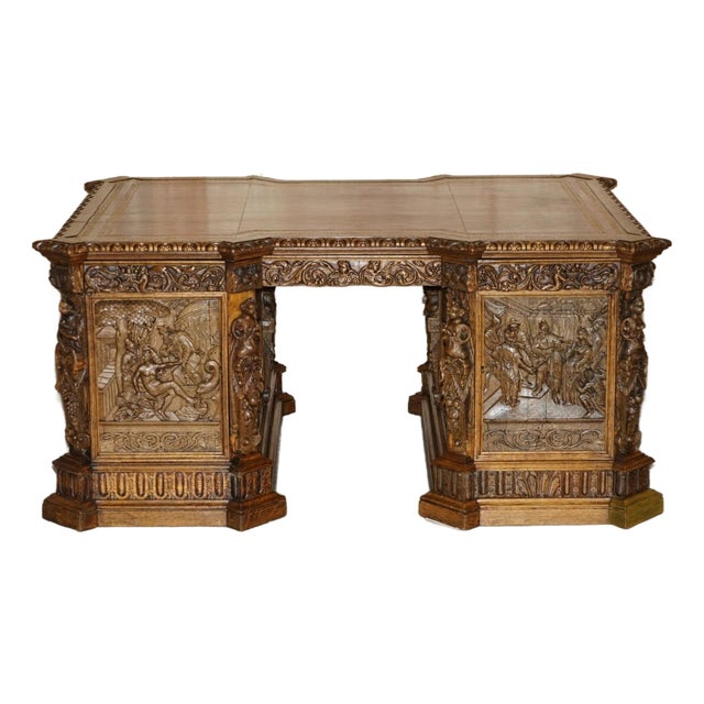 Museum Quality Victorian Walnut Partner Desk With 17th-Century Carved Panels For Sale