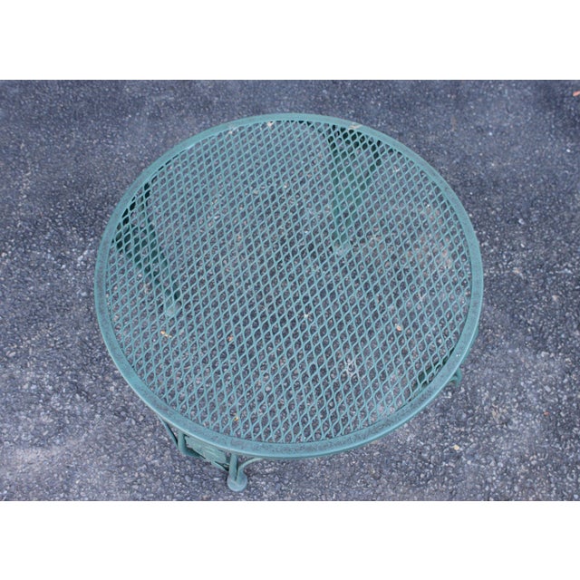 Traditional Wrought Iron Outdoor Round Mesh Top Patio Table With Floral Motif For Sale - Image 3 of 17