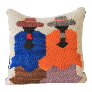 Vintage Handwoven Wool Folk Art Pillow For Sale