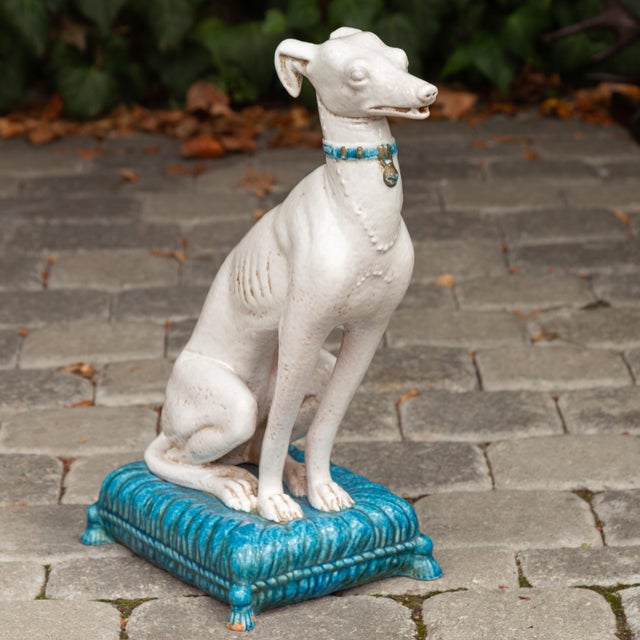 Vintage Italian Midcentury Porcelain Greyhound Dog Sitting on Blue Cushion For Sale In Atlanta - Image 6 of 11