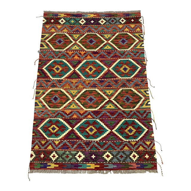 4' X 5'10" Afghan Chobi Khorjin Geometric Wool Kilim Rug For Sale