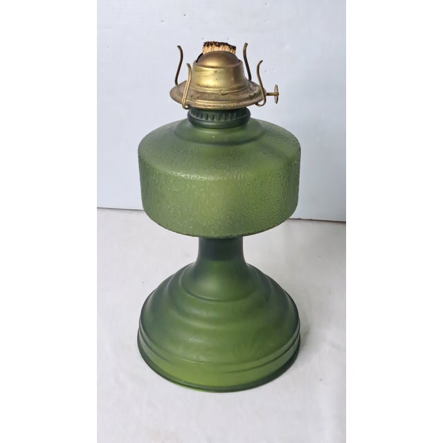 Glass Vintage Green Pebble Glass Kerosene Oil Lamp With P&a Eagle Burner For Sale - Image 7 of 12