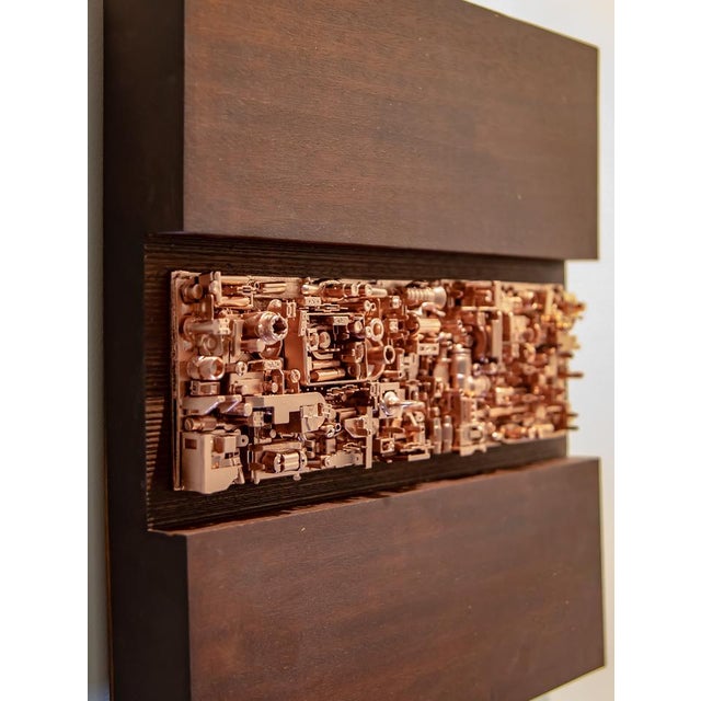 Industrial Assemblage 102” – Mixed Media Wall Sculpture in Sapele and Copper-Toned Industrial Elements, 13.5” X 14” For Sale - Image 3 of 6
